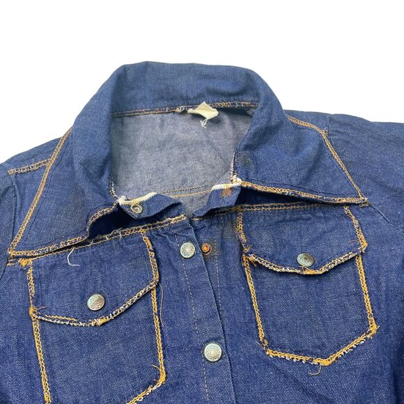Vintage 70s Big Spread Collar Snap Front Denim Jacket Nature Patch FLAW Youth 7 - Picture 5 of 9